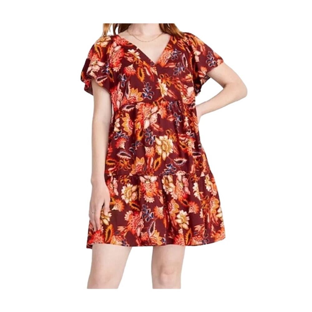 Old Navy Women's Brown and Orange V-Neck Tiered Floral Mini Swing Dress Small
